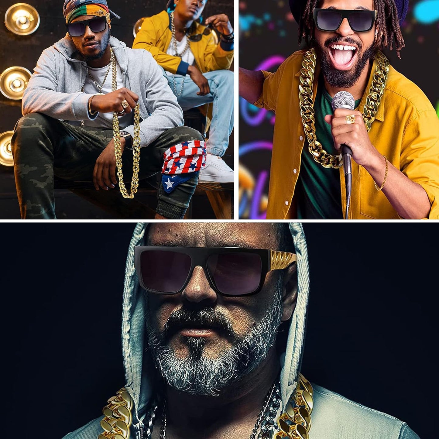 80S 90S Accessories Outfit for Men Hip Hop Costume Kit Old School Rapper Sunglasses Faux Gold Rope Chain Bracelet Dollar Sign Chain Ring Kanji Ring Halloween Party Decorations