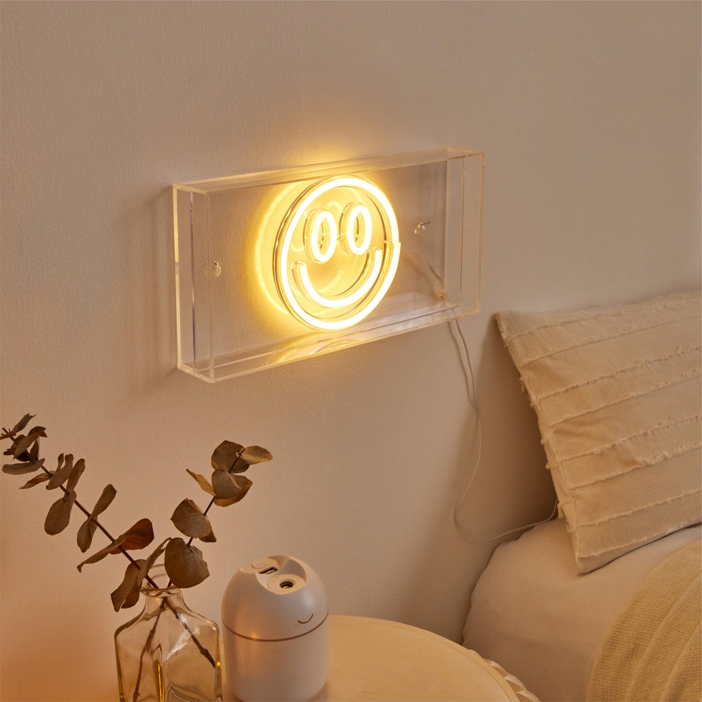 LED Neon Smiley Face Light-Up Clear Acrylic Box, Yellow