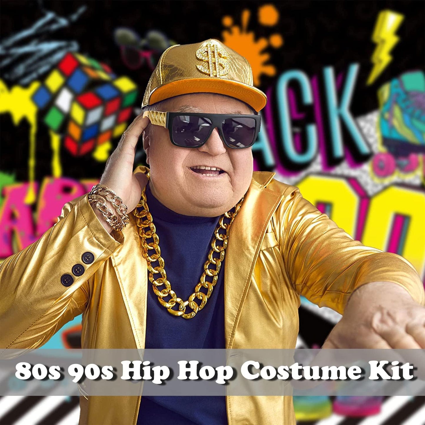 80S 90S Accessories Outfit for Men Hip Hop Costume Kit Old School Rapper Sunglasses Faux Gold Rope Chain Bracelet Dollar Sign Chain Ring Kanji Ring Halloween Party Decorations