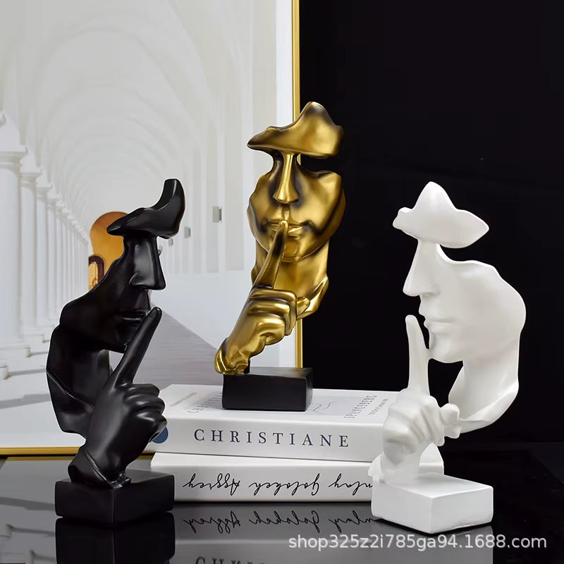 Thinker Statue Sculpture Silence Is Gold Figurines Resin Retro Home Decor for Office Study Living Room Abstract Face Ornaments