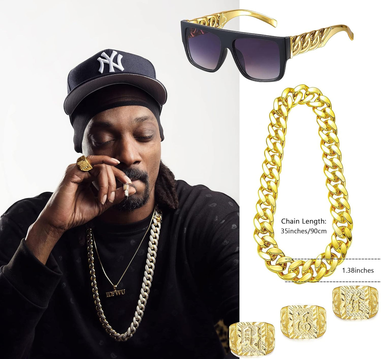 80S 90S Accessories Outfit for Men Hip Hop Costume Kit Old School Rapper Sunglasses Faux Gold Rope Chain Bracelet Dollar Sign Chain Ring Kanji Ring Halloween Party Decorations