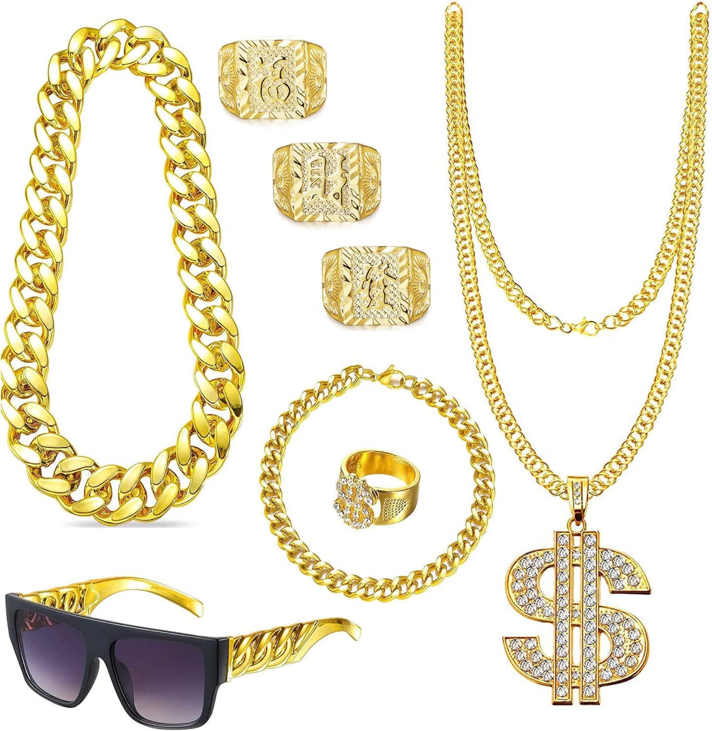 80S 90S Accessories Outfit for Men Hip Hop Costume Kit Old School Rapper Sunglasses Faux Gold Rope Chain Bracelet Dollar Sign Chain Ring Kanji Ring Halloween Party Decorations