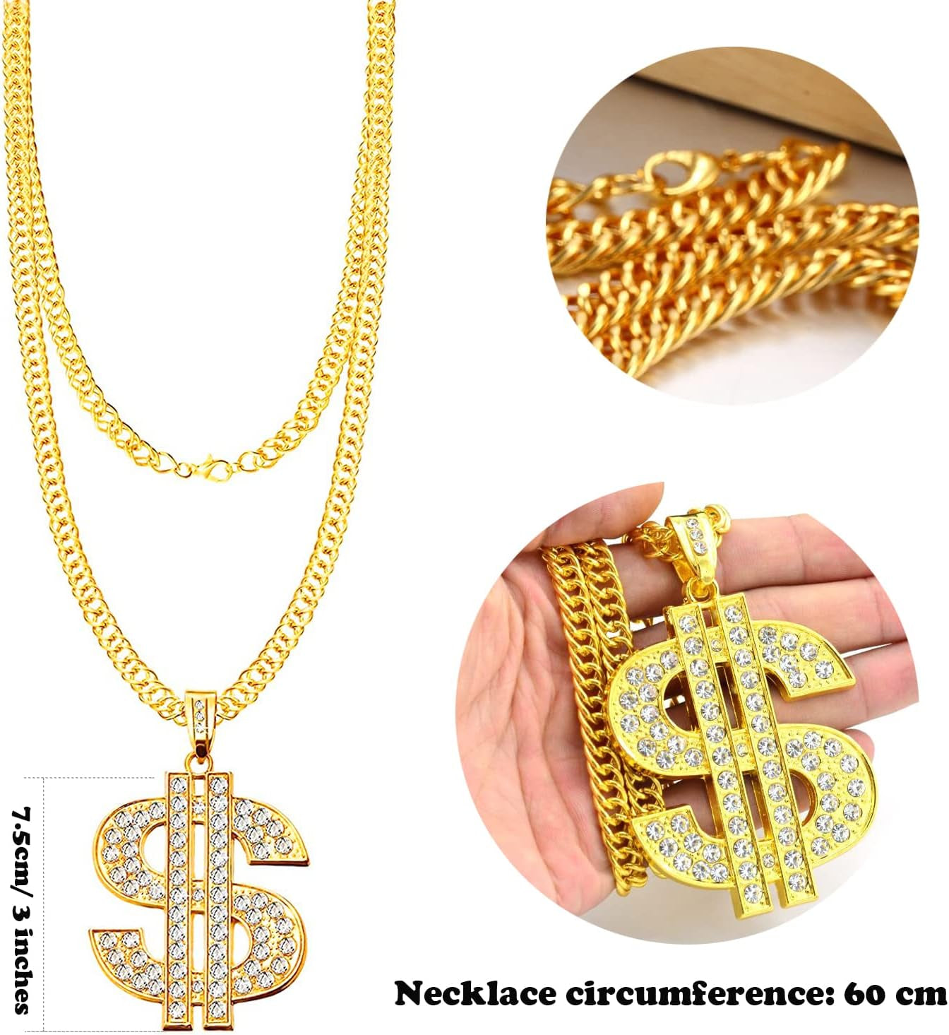 80S 90S Accessories Outfit for Men Hip Hop Costume Kit Old School Rapper Sunglasses Faux Gold Rope Chain Bracelet Dollar Sign Chain Ring Kanji Ring Halloween Party Decorations