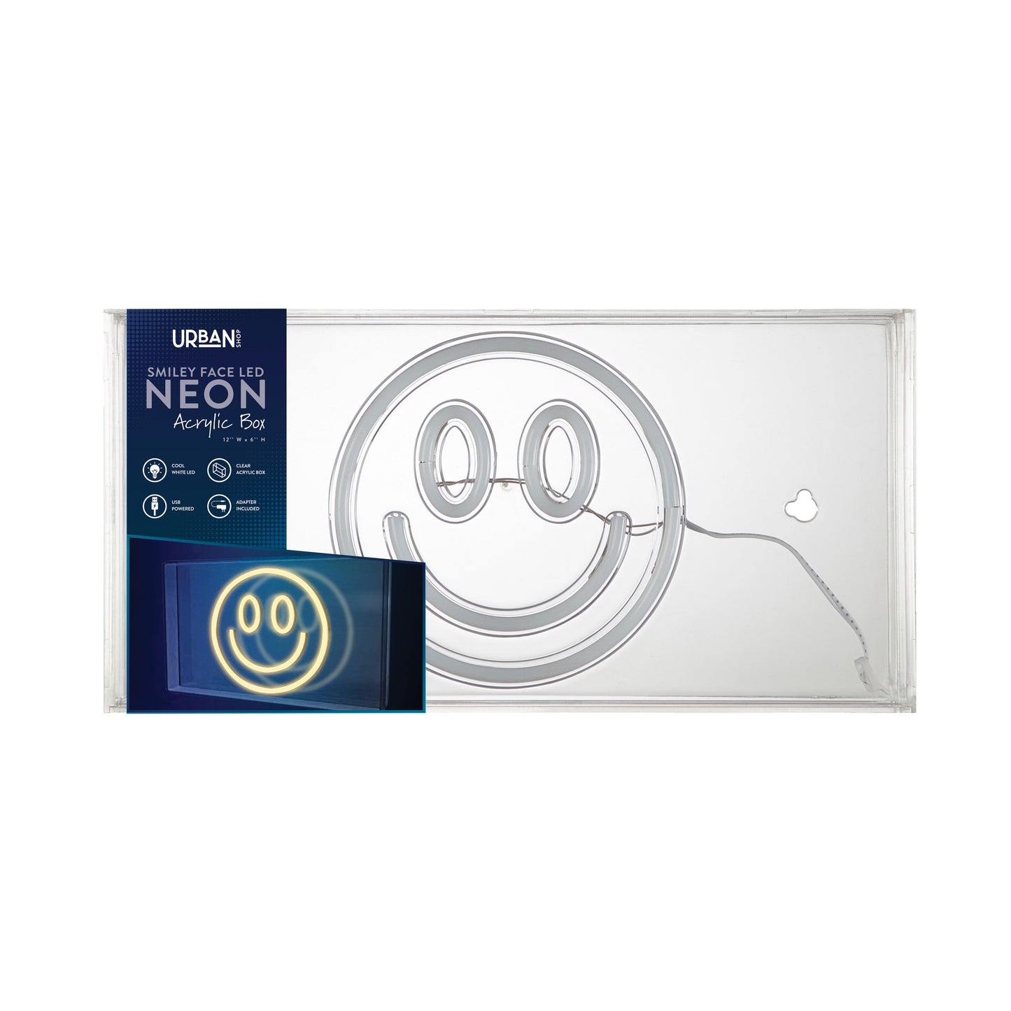 LED Neon Smiley Face Light-Up Clear Acrylic Box, Yellow