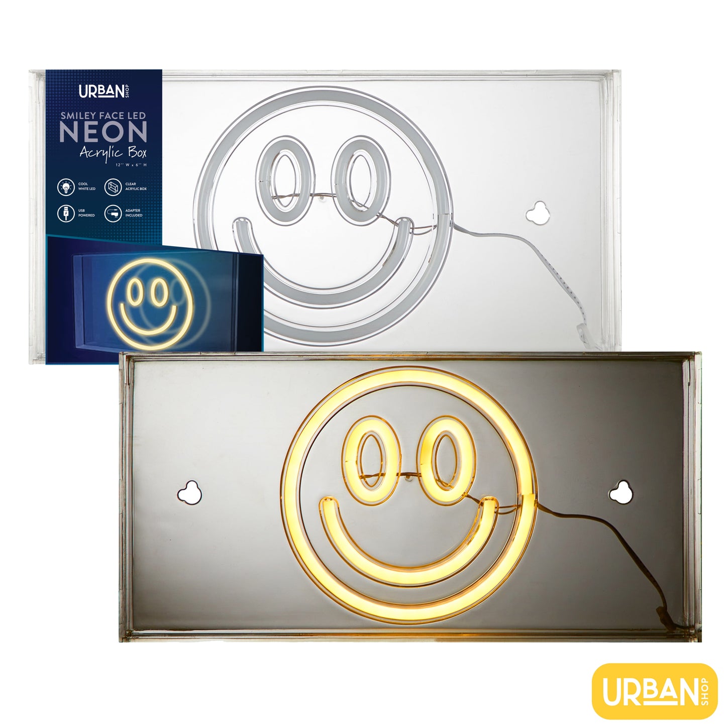 LED Neon Smiley Face Light-Up Clear Acrylic Box, Yellow