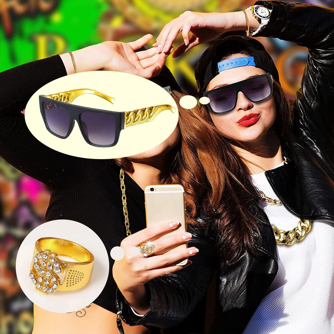 80S 90S Accessories Outfit for Men Hip Hop Costume Kit Old School Rapper Sunglasses Faux Gold Rope Chain Bracelet Dollar Sign Chain Ring Kanji Ring Halloween Party Decorations