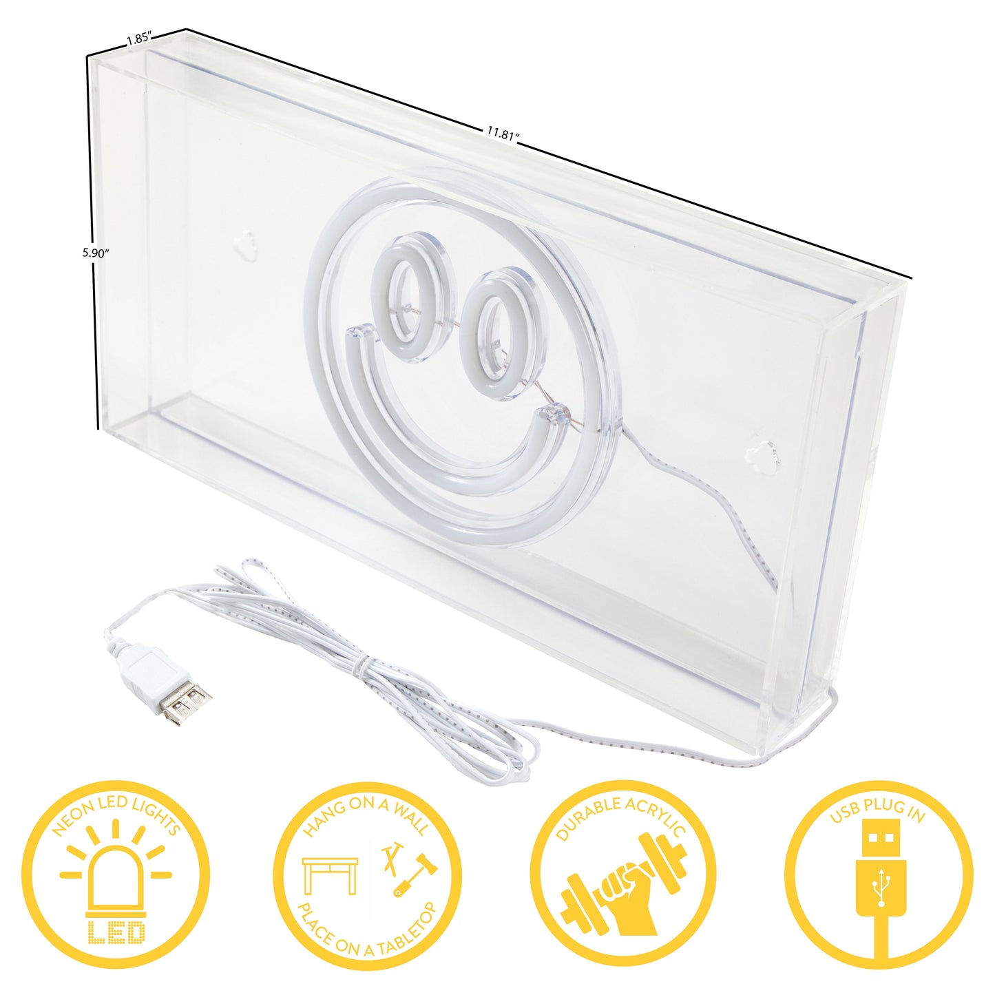 LED Neon Smiley Face Light-Up Clear Acrylic Box, Yellow
