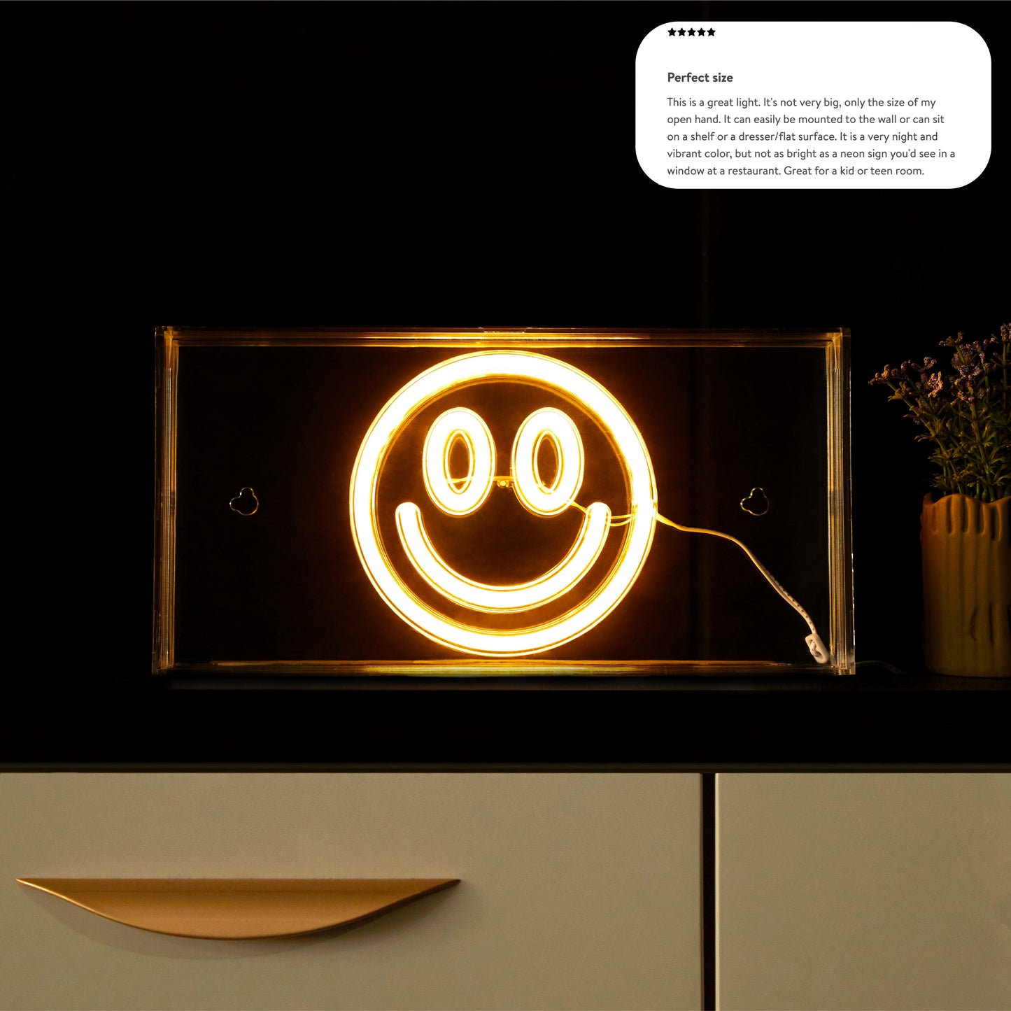 LED Neon Smiley Face Light-Up Clear Acrylic Box, Yellow