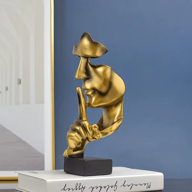 Thinker Statue Sculpture Silence Is Gold Figurines Resin Retro Home Decor for Office Study Living Room Abstract Face Ornaments