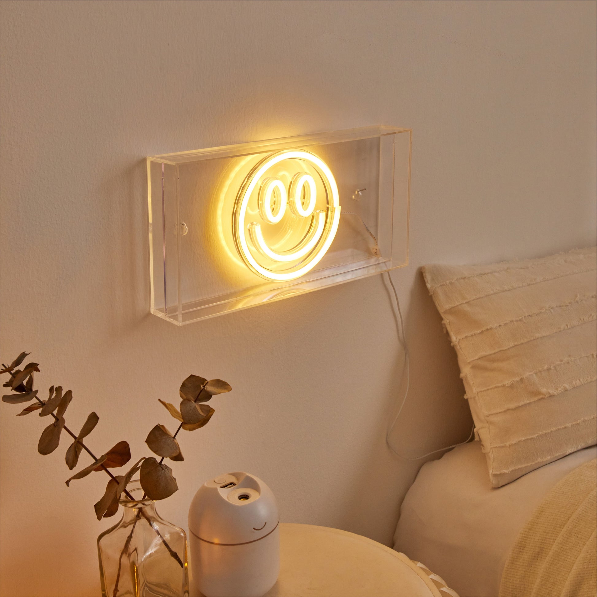 LED Neon Smiley Face Light-Up Clear Acrylic Box, Yellow