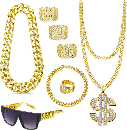 80S 90S Accessories Outfit for Men Hip Hop Costume Kit Old School Rapper Sunglasses Faux Gold Rope Chain Bracelet Dollar Sign Chain Ring Kanji Ring Halloween Party Decorations
