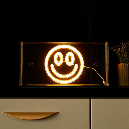 LED Neon Smiley Face Light-Up Clear Acrylic Box, Yellow